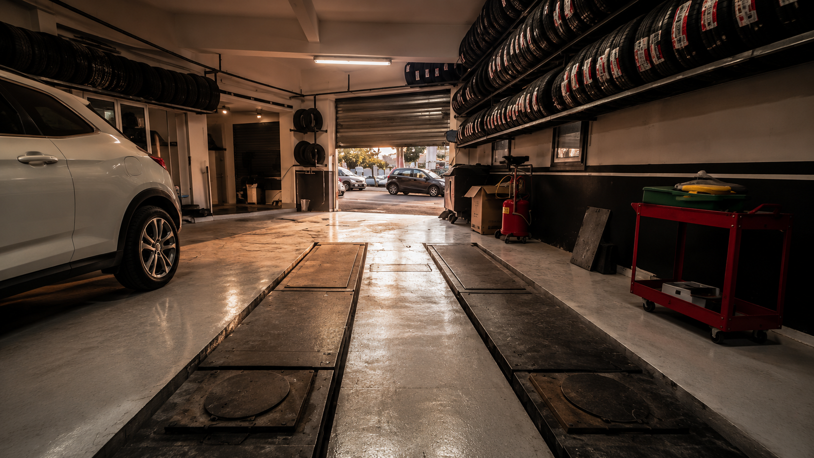 Travée de l'atelier AutoBac66 avec un véhicule en cours d'intervention